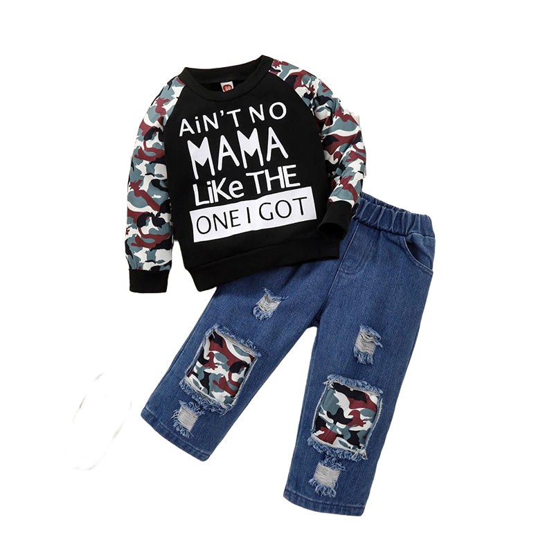 2 Pieces Set Baby Kid Boys Letters Color-blocking Hoodies Swearshirts Camo And Ripped Jeans Wholesale 221220101