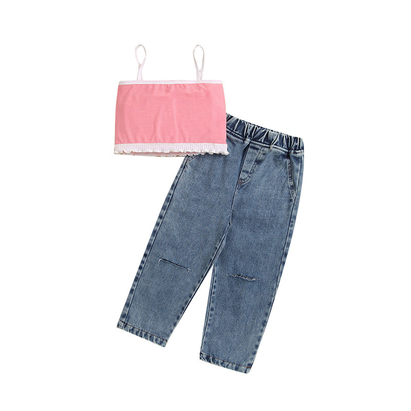 2 Pieces Set Baby Kid Girls Color-blocking Tank Tops And Ripped Pants Wholesale 221220121