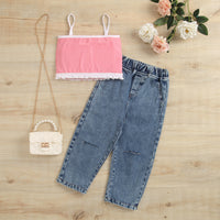 Load image into Gallery viewer, 2 Pieces Set Baby Kid Girls Color-blocking Tank Tops And Ripped Pants Wholesale 221220121
