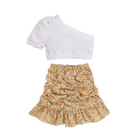 Load image into Gallery viewer, 2 Pieces Set Baby Kid Girls Solid Color Tops And Flower Print Skirts Wholesale 221220122
