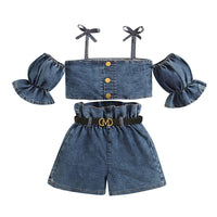 Load image into Gallery viewer, 2 Pieces Set Baby Kid Girls Solid Color Tops And Ribbon Shorts Wholesale 221220142

