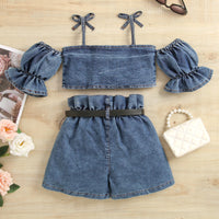 Load image into Gallery viewer, 2 Pieces Set Baby Kid Girls Solid Color Tops And Ribbon Shorts Wholesale 221220142
