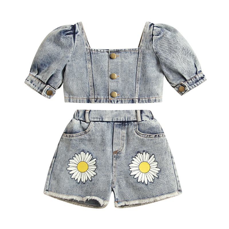 2 Pieces Set Baby Kid Girls Solid Color Tops And Flower Print Shorts Wholesale 221220143