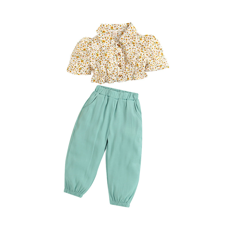 2 Pieces Set Baby Kid Girls Flower Print Tops And Solid Color Pants Wholesale 221220166