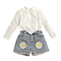 Load image into Gallery viewer, 2 Pieces Set Baby Kid Girls Solid Color Print Tops And Flower Shorts Wholesale 221220172

