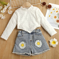 Load image into Gallery viewer, 2 Pieces Set Baby Kid Girls Solid Color Print Tops And Flower Shorts Wholesale 221220172
