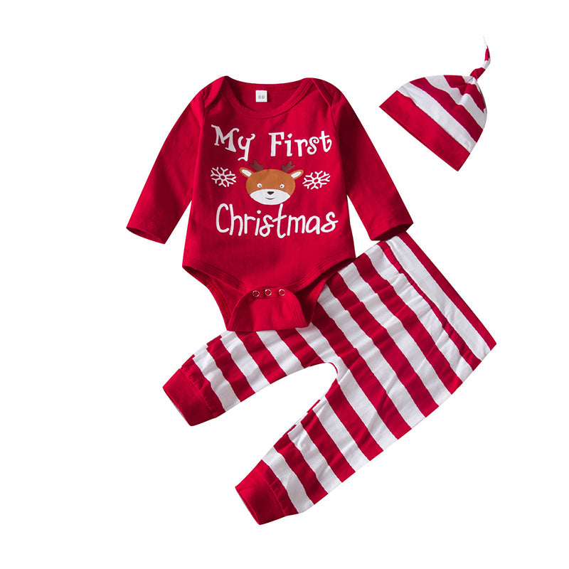 2 Pieces Set Baby Girls Christmas Letters Cartoon Rompers And Striped Pants Wholesale 221220193