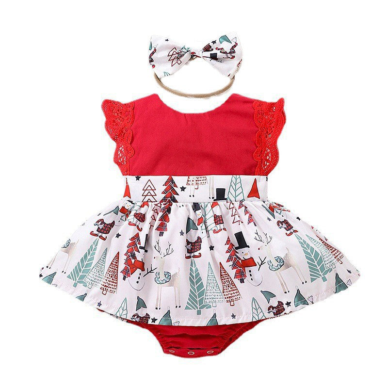Baby Girls Cartoon Lace Print Christmas Rompers Accessories Headwear Wholesale 221220218