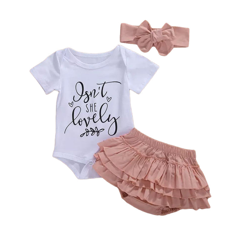 3 Pieces Set Baby Girls Letters Rompers Solid Color Shorts And Bow Headwear Wholesale 22122043
