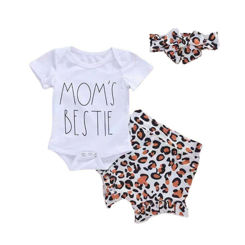 3 Pieces Set Baby Girls Letters Rompers And Leopard Shorts And Headwear Wholesale 22122053