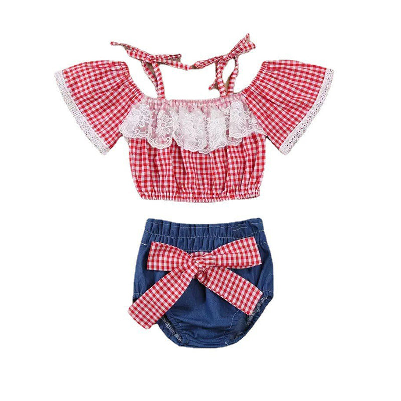 2 Pieces Set Baby Girls Checked Lace Tops And Bow Shorts Wholesale 22122058