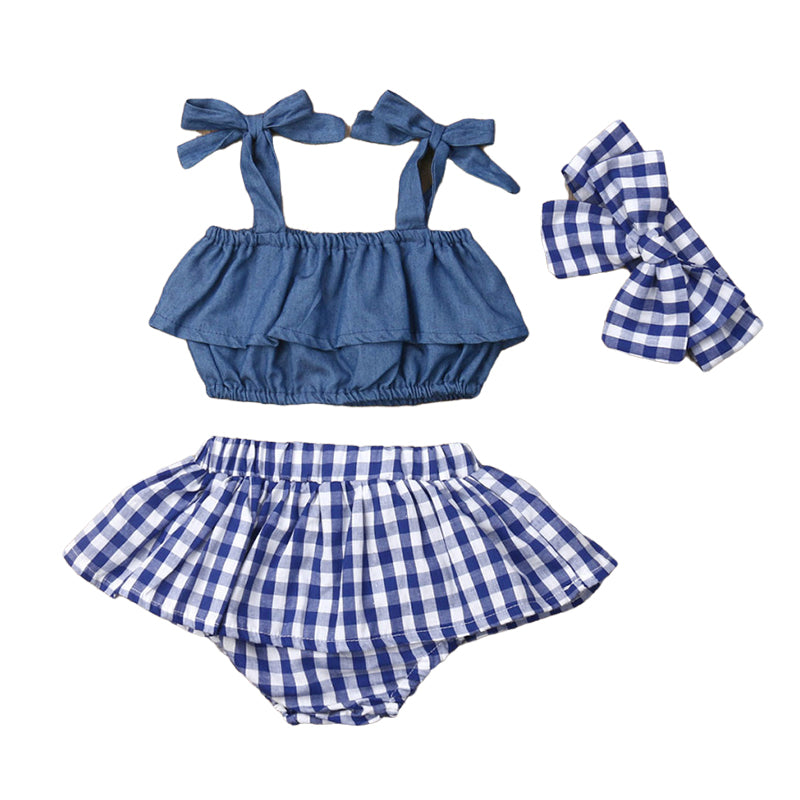 2 Pieces Set Baby Girls Solid Color Tops And Checked Shorts Wholesale 22122060