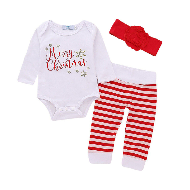 2 Pieces Set Baby Girls Christmas Letters Print Rompers And Striped Pants Wholesale 22122063