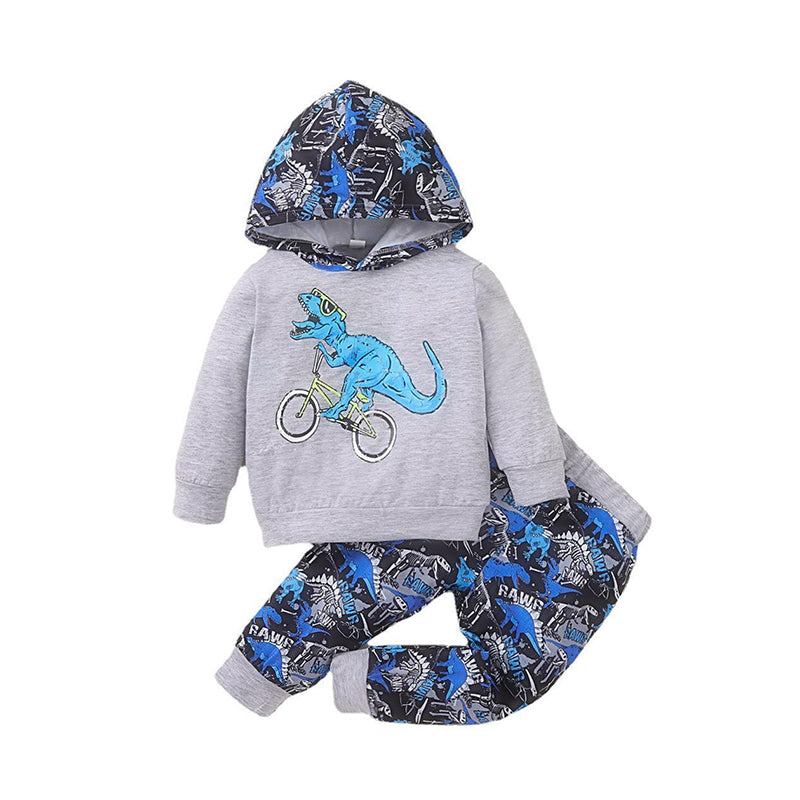 2 Pieces Set Baby Kid Boys Color-blocking Dinosaur Cartoon Print Hoodies Swearshirts And Pants Wholesale 22122093