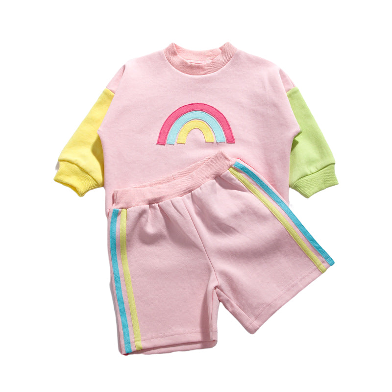 2 Pieces Set Baby Kid Unisex Color-blocking Rainbow Hoodies Swearshirts And Shorts Wholesale 221221224