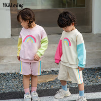 Load image into Gallery viewer, 2 Pieces Set Baby Kid Unisex Color-blocking Rainbow Hoodies Swearshirts And Shorts Wholesale 221221224
