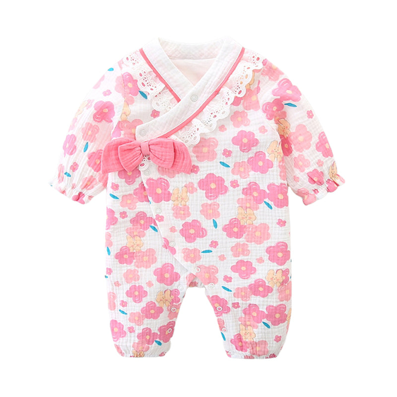 Baby Girls Flower Bow Print Jumpsuits Wholesale 221221287