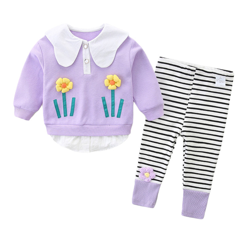 2 Pieces Set Baby Kid Girls Flower Tops And Striped Pants Wholesale 221221288