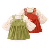 Load image into Gallery viewer, 2 Pieces Set Baby Kid Girls Solid Color Bow Tops And Flower Dresses Wholesale 221221321
