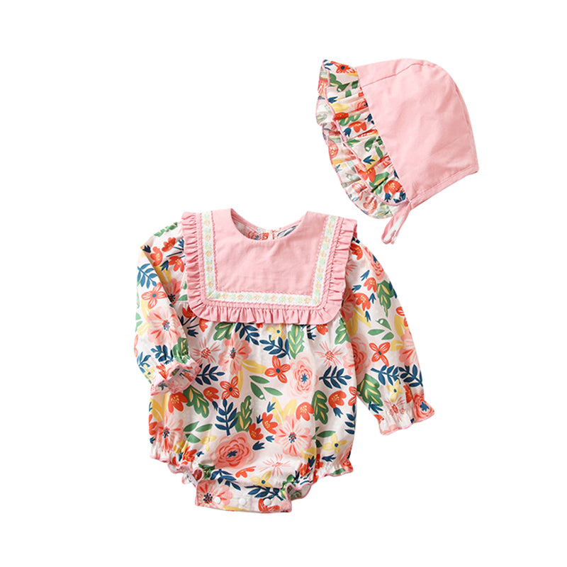 Baby Girls Flower Print Rompers Accessories Hats Wholesale 221221327