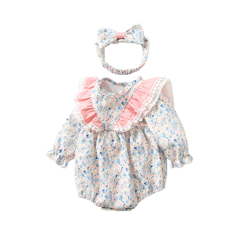 Baby Girls Flower Print Rompers Accessories Headwear Wholesale 221221329