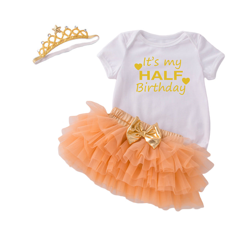 2 Pieces Set Baby Girls Birthday Party Letters Print Tops Solid Color And Bow Skirts Wholesale 22122144
