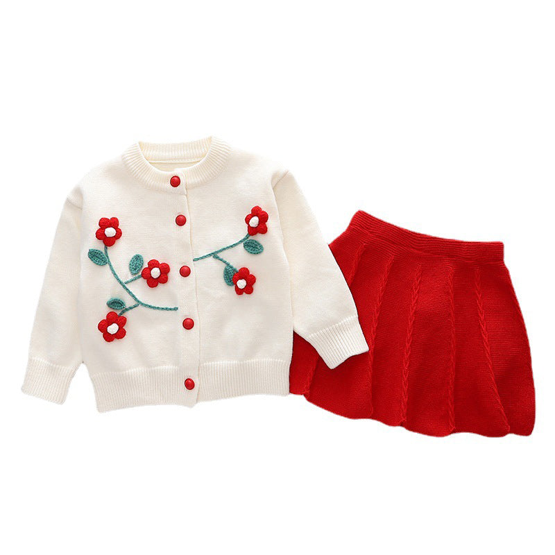 2 Pieces Set Baby Kid Girls Flower Crochet Cardigan And Solid Color Skirts Wholesale 221226114
