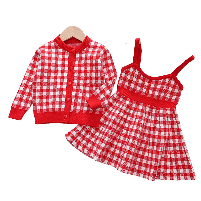 2 Pieces Set Baby Kid Girls Checked Crochet Dresses And Cardigan Wholesale 22122634