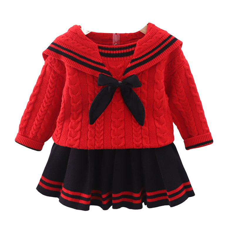 2 Pieces Set Baby Kid Girls Bow Sweaters And Striped Skirts Wholesale 22122648