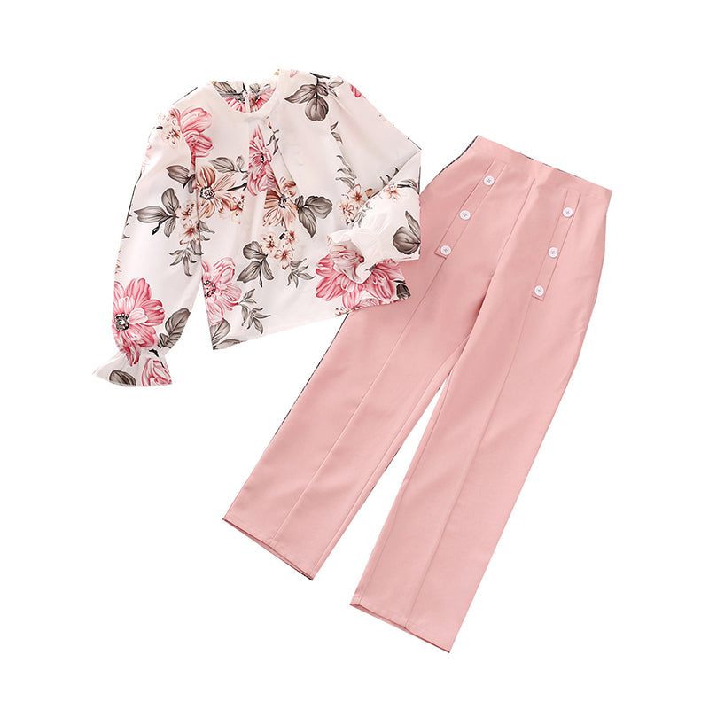 2 Pieces Set Kid Girls Flower Print Tops And Solid Color Pants Wholesale 22122713