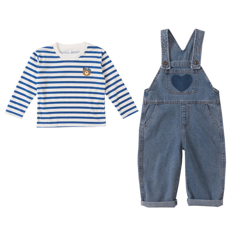 2 Pieces Set Baby Kid Girls Striped Cartoon Embroidered Print Tops And Love heart Jumpsuits Wholesale 221227190