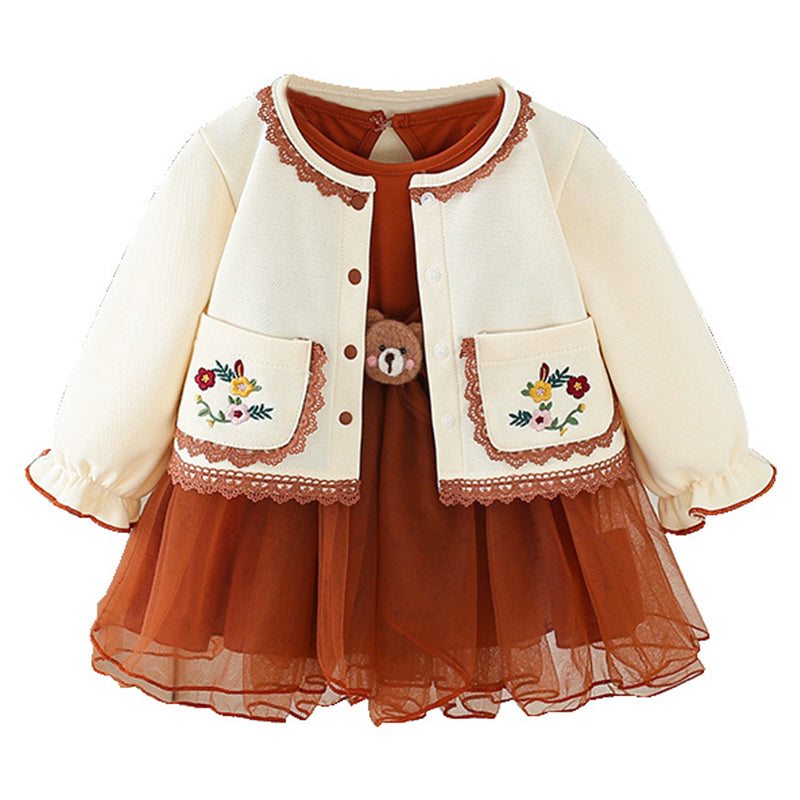 2 Pieces Set Baby Kid Girls Cartoon Dresses And Flower Lace Embroidered Jackets Outwears Wholesale 221227235