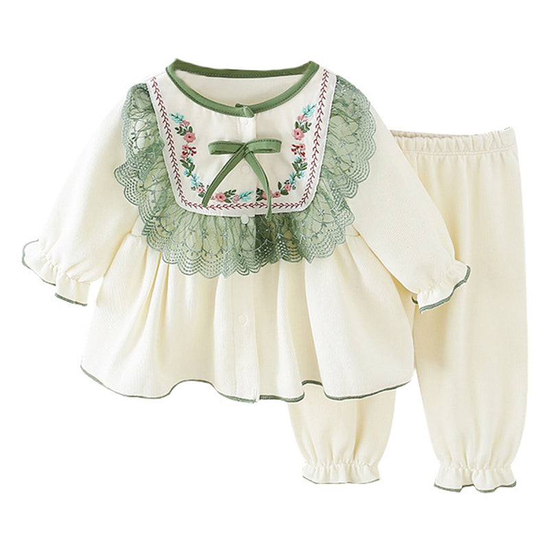 2 Pieces Set Baby Kid Girls Flower Bow Embroidered Tops And Pants Wholesale 221227240