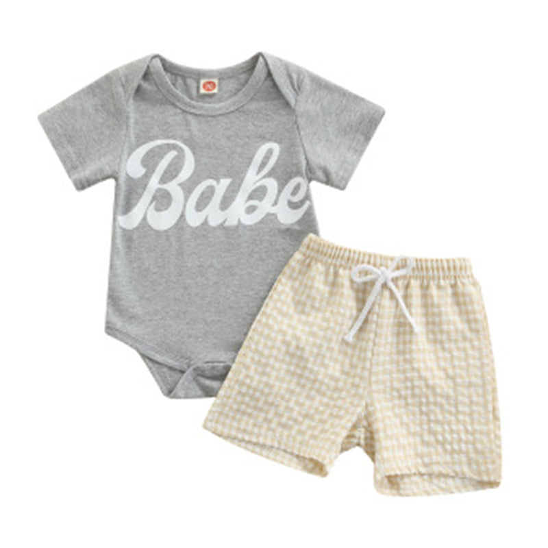 2 Pieces Set Baby Unisex Letters Rompers And Checked Ribbon Shorts Wholesale 221229109