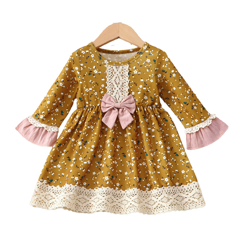 Baby Girls Flower Bow Print Dresses Wholesale 221229112