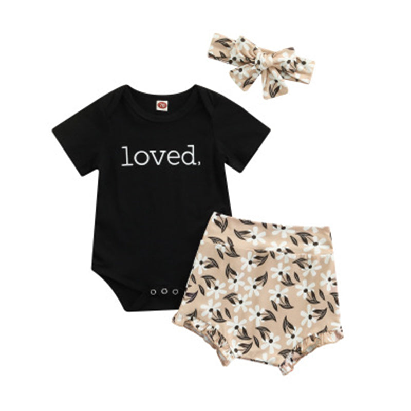 3 Pieces Set Baby Girls Letters Rompers And Flower Print Shorts And Bow Headwear Wholesale 221229118
