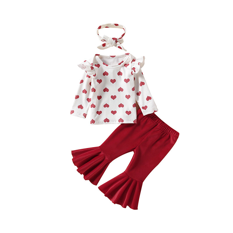 3 Pieces Set Baby Kid Girls Valentine's Day Love heart Tops And Solid Color Pants And Headwear Wholesale 221229121