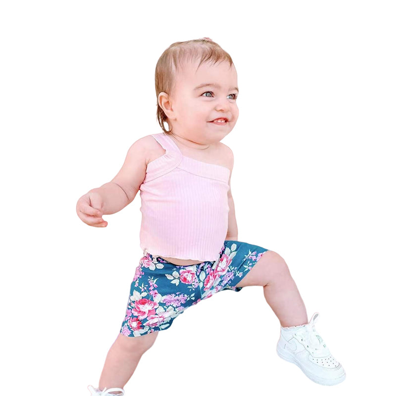 2 Pieces Set Baby Girls Solid Color Muslin&Ribbed Print Tank Tops And Flower Shorts Wholesale 221229157