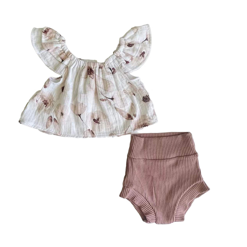 2 Pieces Set Baby Girls Plant Print Tank Tops Solid Color And Muslin&Ribbed Shorts Wholesale 221229163