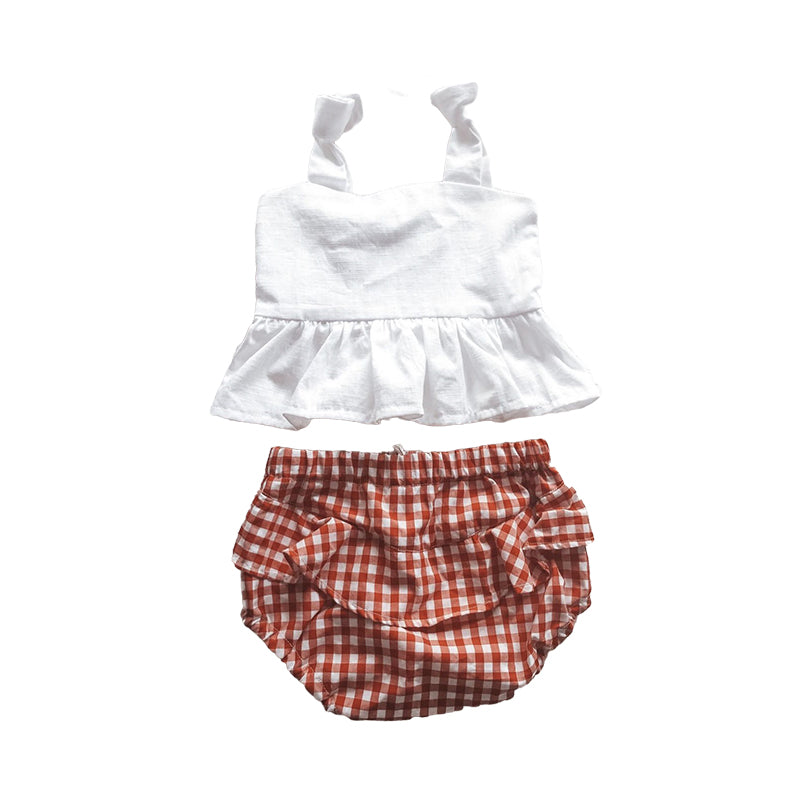 2 Pieces Set Baby Girls Solid Color Tank Tops And Checked Shorts Wholesale 221229180