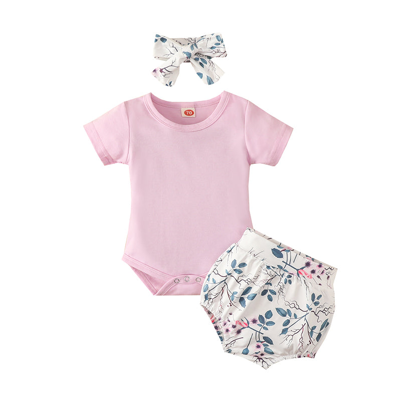 3 Pieces Set Baby Girls Solid Color Rompers Flower Shorts And Bow Headwear Wholesale 221229184