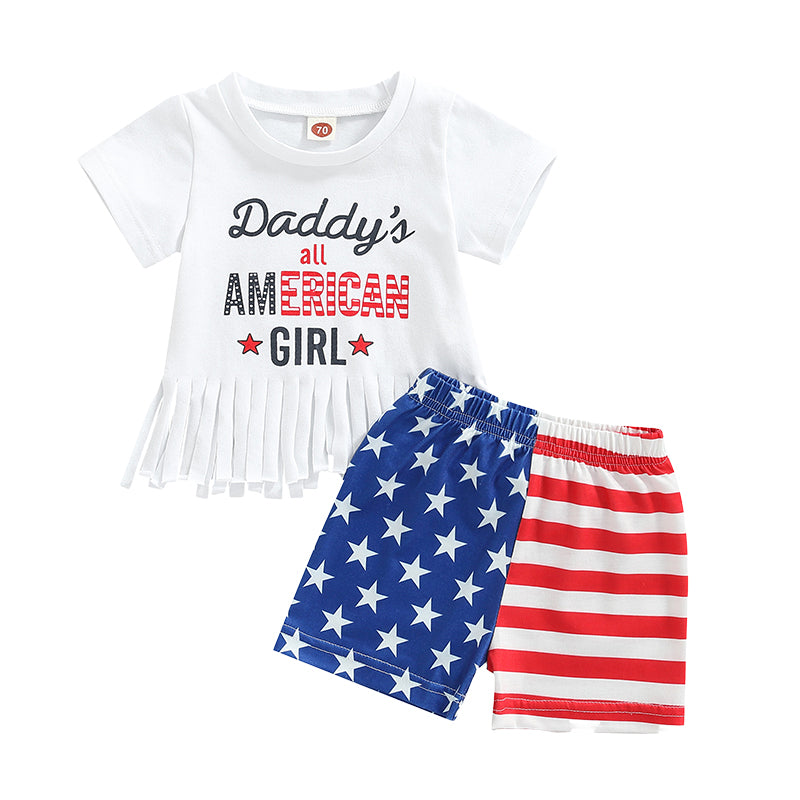 2 Pieces Set Baby Girls Independence Day Letters Tops Striped And Star Shorts Wholesale 221229192