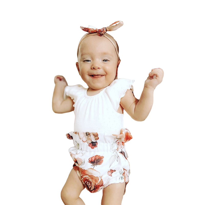 3 Pieces Set Baby Girls Solid Color Tops Flower Shorts And Bow Headwear Wholesale 221229199