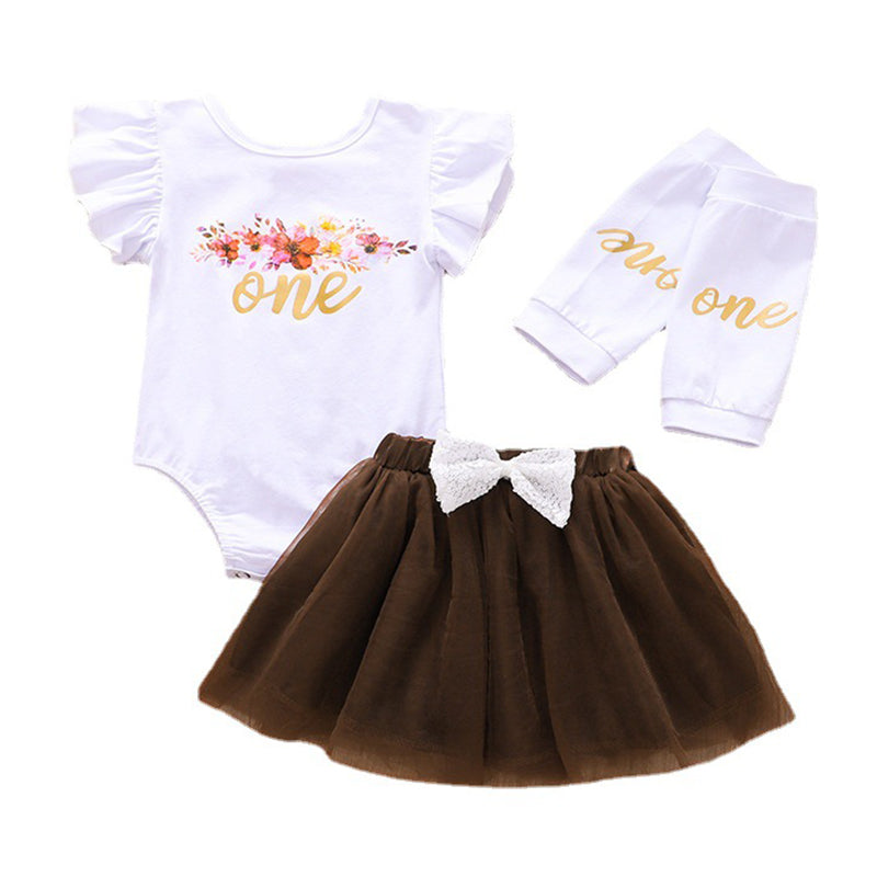 3 Pieces Set Baby Girls Letters Flower Print Rompers Bow Skirts And Others accessories Wholesale 221229202