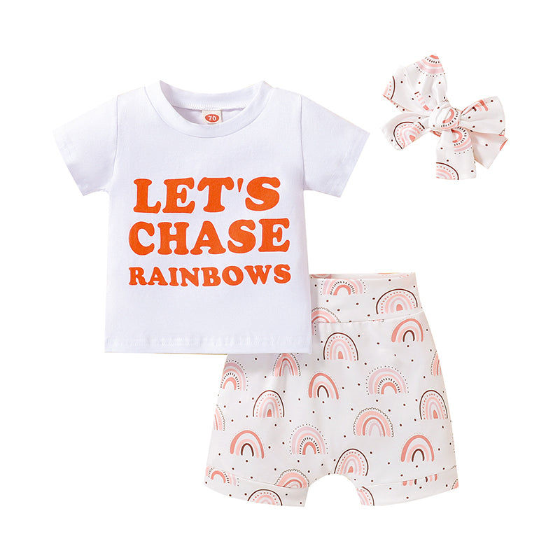 3 Pieces Set Baby Girls Letters T-Shirts Rainbow Shorts And Bow Headwear Wholesale 221229207