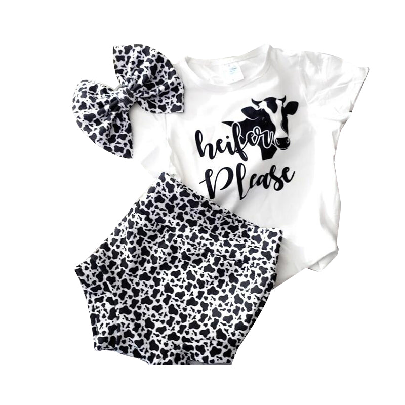 3 Pieces Set Baby Girls Bow Print Headwear And Letters Cartoon T-Shirts And Cow Shorts Wholesale 221229218