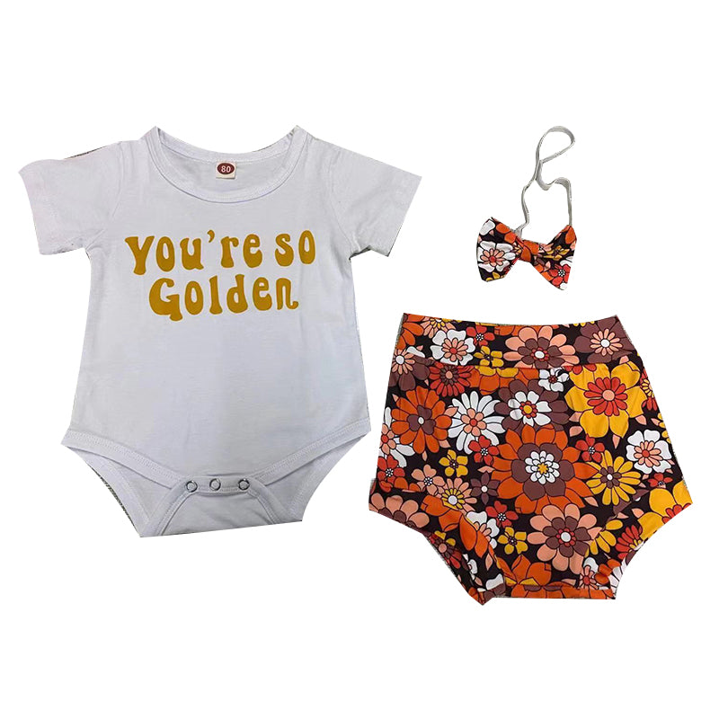 3 Pieces Set Baby Girls Letters Print Rompers And Flower Shorts And Headwear Wholesale 221229228