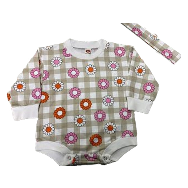Baby Girls Flower Checked Rompers Wholesale 221229236