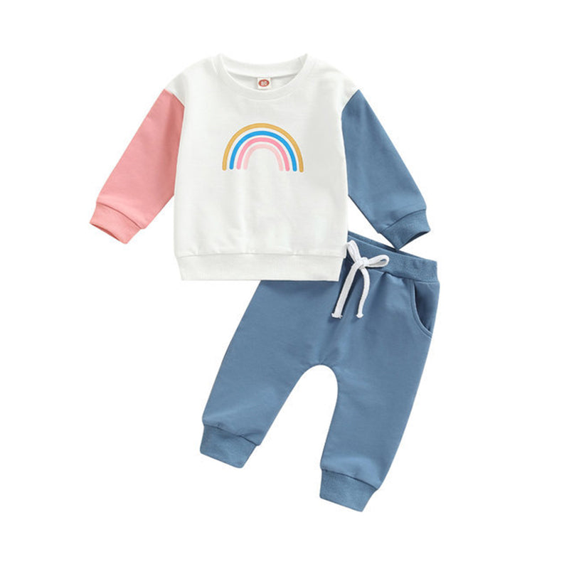 2 Pieces Set Baby Kid Boys Color-blocking Rainbow Hoodies Swearshirts And Solid Color Pants Wholesale 221229257