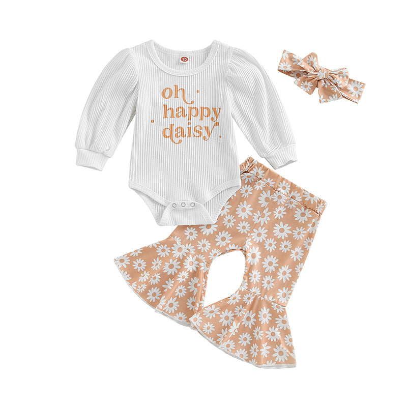 3 Pieces Set Baby Girls Letters Print Rompers Flower Print Pants And Bow Headwear Wholesale 221229324